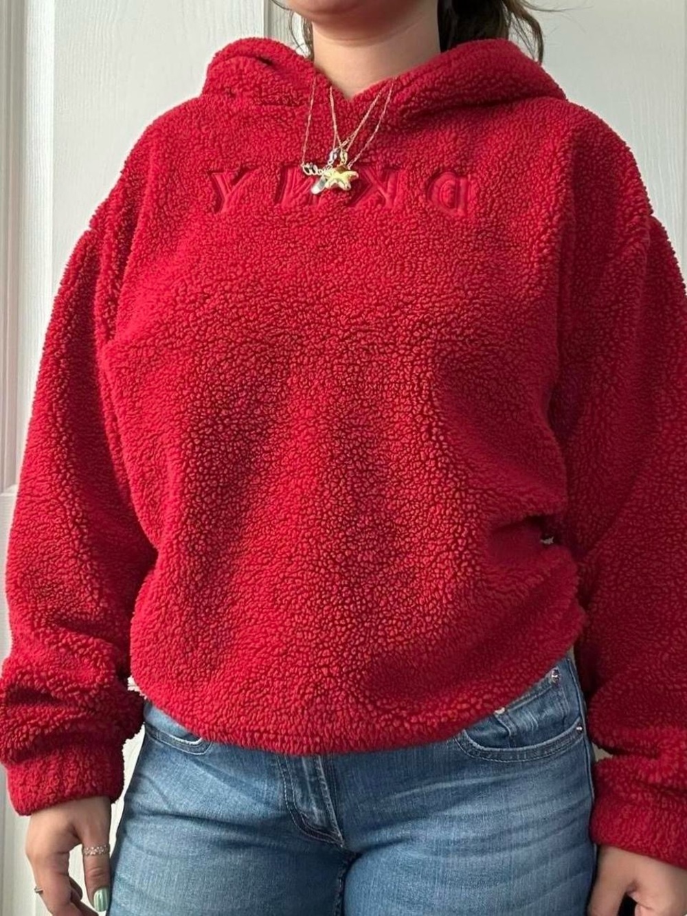red fuzzy hoodie